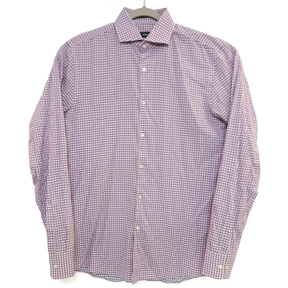 BOSS Hugo Boss‎ Shirt Mens 15.5 34/35 Pink Blue Check Sharp Fit Long Sleeve